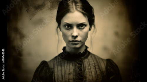 portrait, woman, 30 year old, 1800s, collodion, style, old photographic style, face, fashion, model, expression, people, beauty, studio, looking, one, suit, handsome, AI generate. 