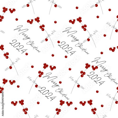 Red berries.Seamless pattern .Merry Christmas 2024.