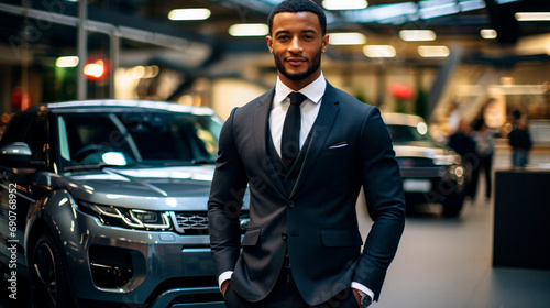A 40-year-old Afroamerican man, elegantly dressed, salesman in a modern car shop. AI generated © angelo lano