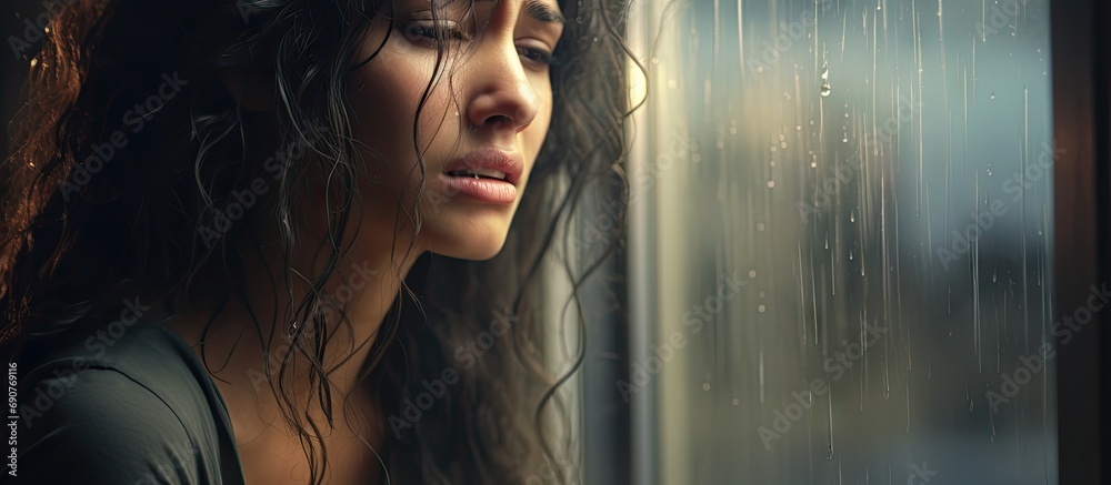Sad upset crying woman with tears eyes suffering from emotional shock loss grief life problems and break up relationship near window with raindrops Female received bad news. Copyspace image