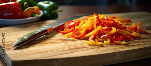 Red Orange Yellow and Green Bell Peppers Cut into Thin Strips Bell peppers cut in batonnets on a bamboo cutting board with a chef s knife. Copyspace image. Header for website template