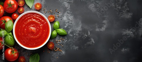 Tomato ketchup sauce in a bowl with basil and tomatoes Top view. Copyspace image. Header for website template photo