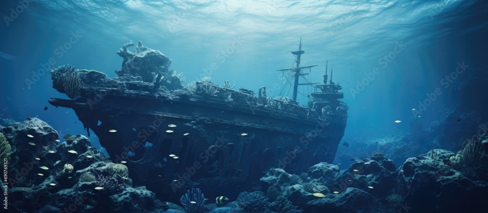 Shipwreck in the Blue Water Rusty Shipwreck with Growing Corals Underwater. Copyspace image. Header for website template Shipwreck in the Blue Water Rusty Shipwreck with Growing Corals Underwater. Copyspace image. Header for website template