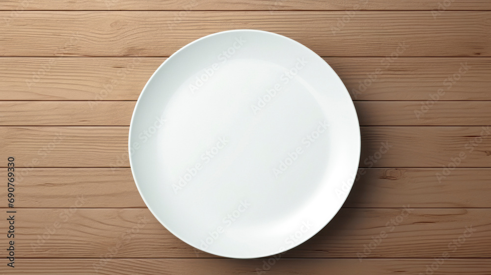 An empty white plate on a wooden table, top view. AI generated An empty white plate on a wooden table, top view. AI generated