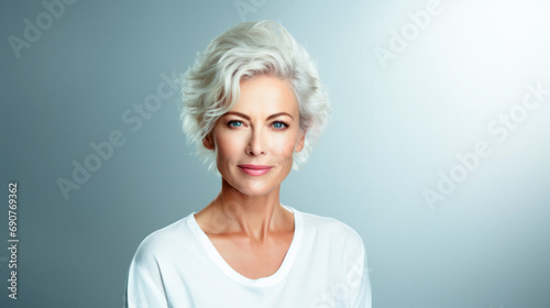 amazing elderly woman smiling happily, white casual clothes, portrait of mature lady, close-up, healthy face, beauty concept, skin care cosmetics. on a grey background. AI generated