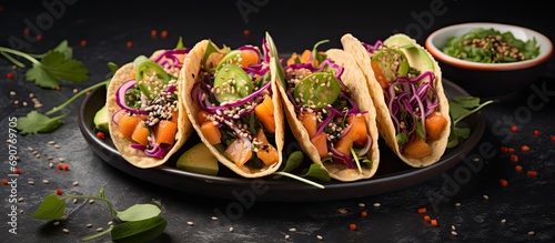 Wallpaper Mural Vegan Sushi Tacos with Plant based salmon and tuna. Copyspace image. Square banner. Header for website template Torontodigital.ca