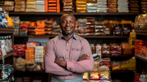 Owner of an ethnic shop. Standing in front of various products in his shop. An African man