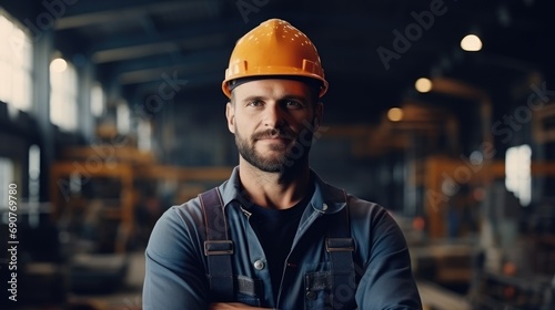 Heavy hard working engineer factory worker portrait wallpaper background photo