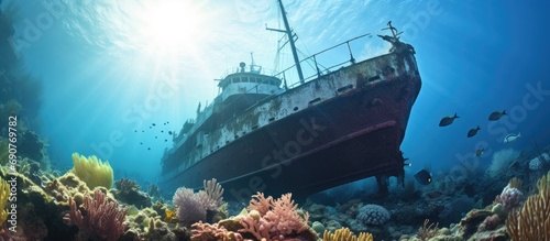 Ship wreck Tugboat in shallow water of coral reef in Caribbean sea with Curacao Flag view to surface and sunbeams. Copyspace image. Square banner. Header for website template photo