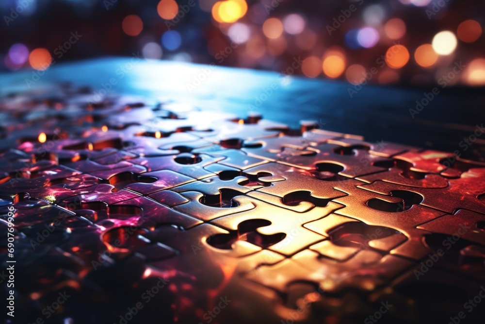 Close-up view of a puzzle piece placed on a table. This versatile image can be used to represent problem-solving, teamwork, or the concept of fitting in - obrazy, fototapety, plakaty 