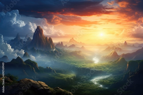 A beautiful painting depicting a scenic mountain range with a river flowing through it.