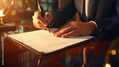 A man in a suit writing on a piece of paper. Suitable for business, office, and communication concepts