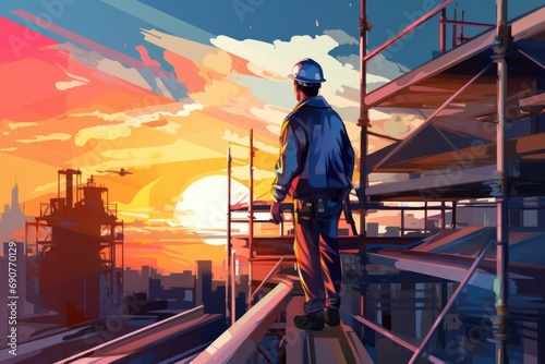 A man standing on top of a building under construction. Perfect for illustrating construction work or the concept of achievement and success in the building industry