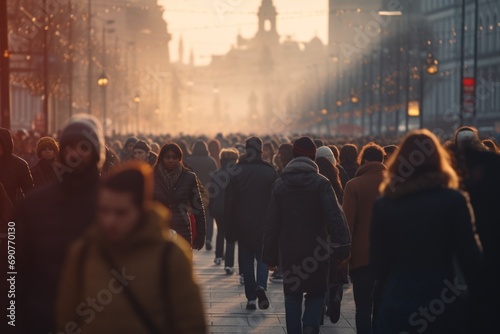 A large group of people walking down a street. Suitable for urban scenes or events