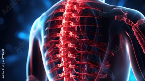 A picture of a man's back with a highlighted spine. Can be used for medical or educational purposes