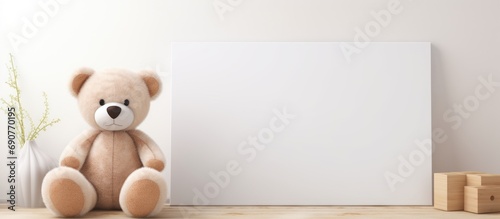 Stuffed animal toy banny and white frame mock up Template for card with copyspace Blank for the design of children s ads. Copyspace image. Square banner. Header for website template photo
