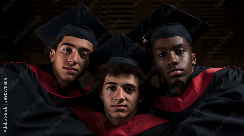Fototapeta premium a group of men, united in gown and mortarboard, embrace each other with emotion on their day of academic achievements