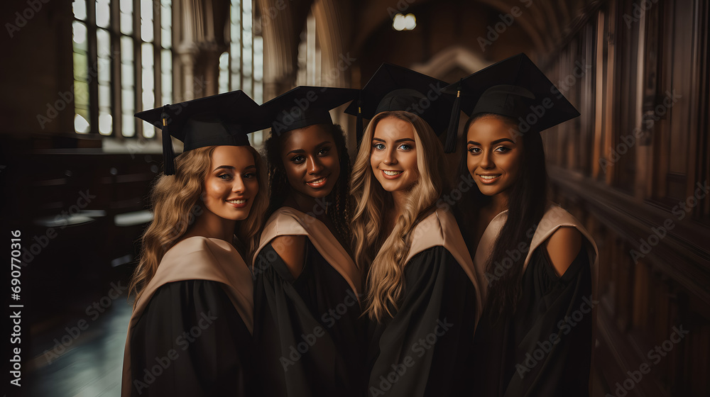 Obraz premium A diverse group of women, dressed in graduation gowns and caps, share the excitement and success at their graduation