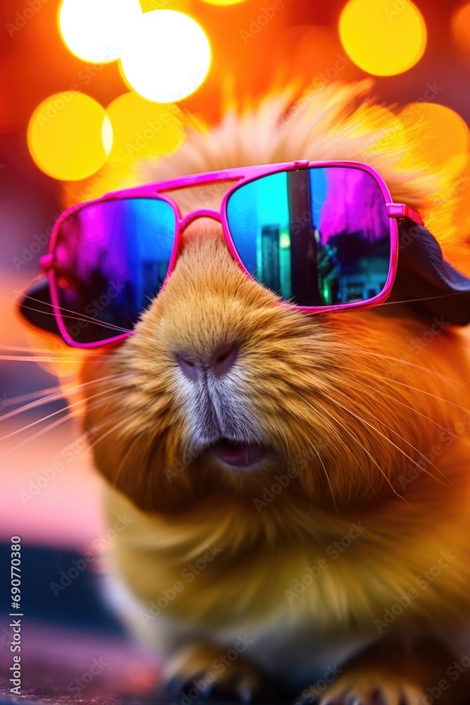 A guinea wearing sunglasses with a city in the background. Perfect for travel or urban-themed designs