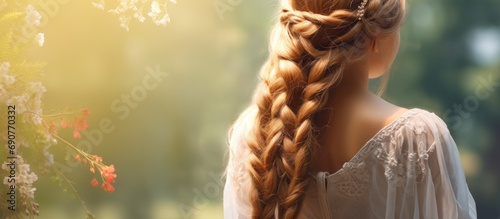 Young girl with braid or plait hairstyle long hair in a wedding ceremony. Copyspace image. Square banner. Header for website template