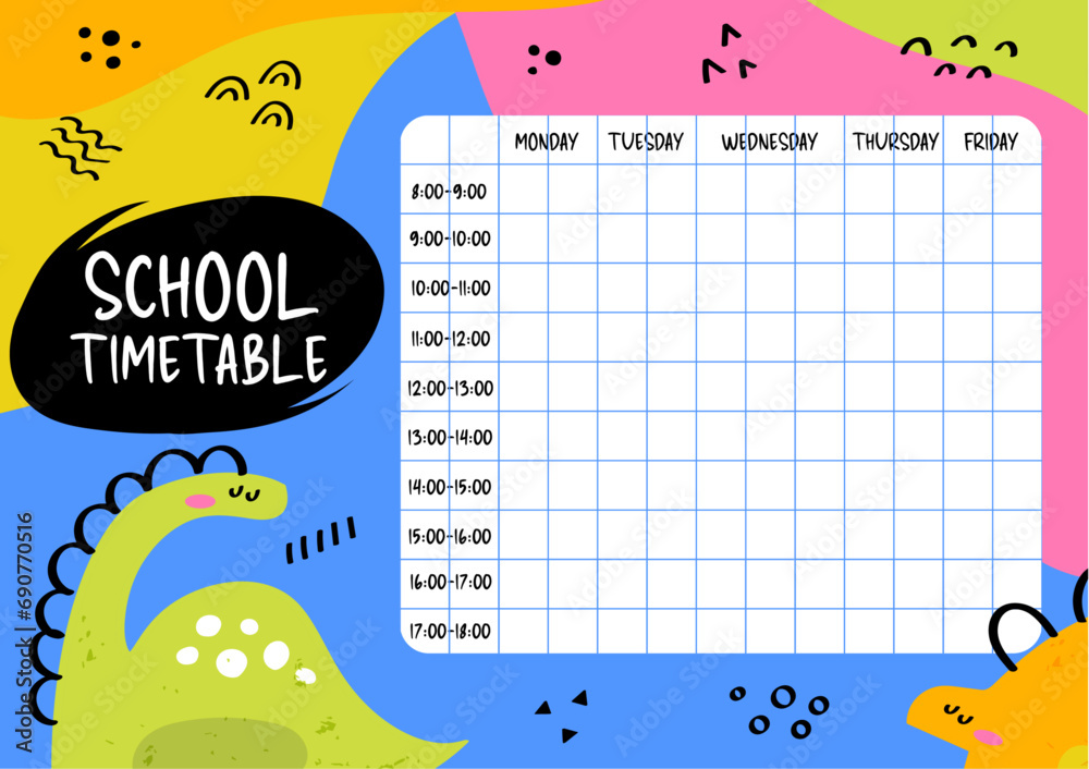 Back to school timetable template with doodle dinosaurs and abstraction