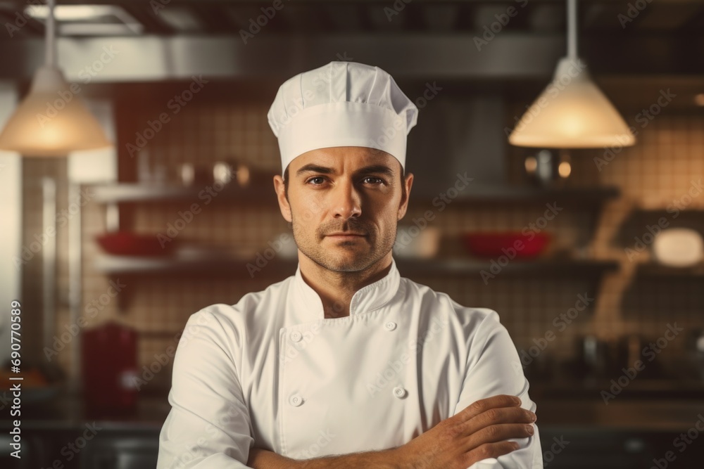 A confident chef standing in a kitchen with his arms crossed. Perfect for culinary websites and cooking blogs