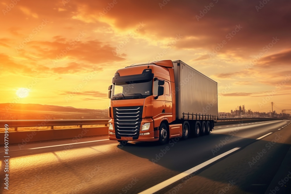 A semi truck driving down the highway during a picturesque sunset. Perfect for transportation and travel-related projects