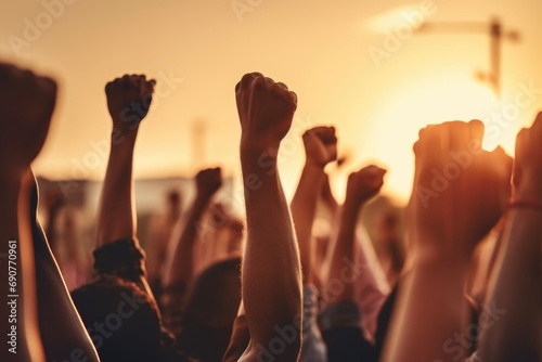 A picture of a group of people with their hands raised in the air. Suitable for illustrating unity, celebration, or a successful event.