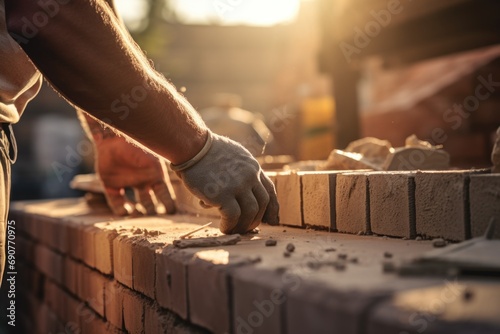 A man is seen working on a brick wall. This image can be used to depict construction  renovation  or home improvement projects