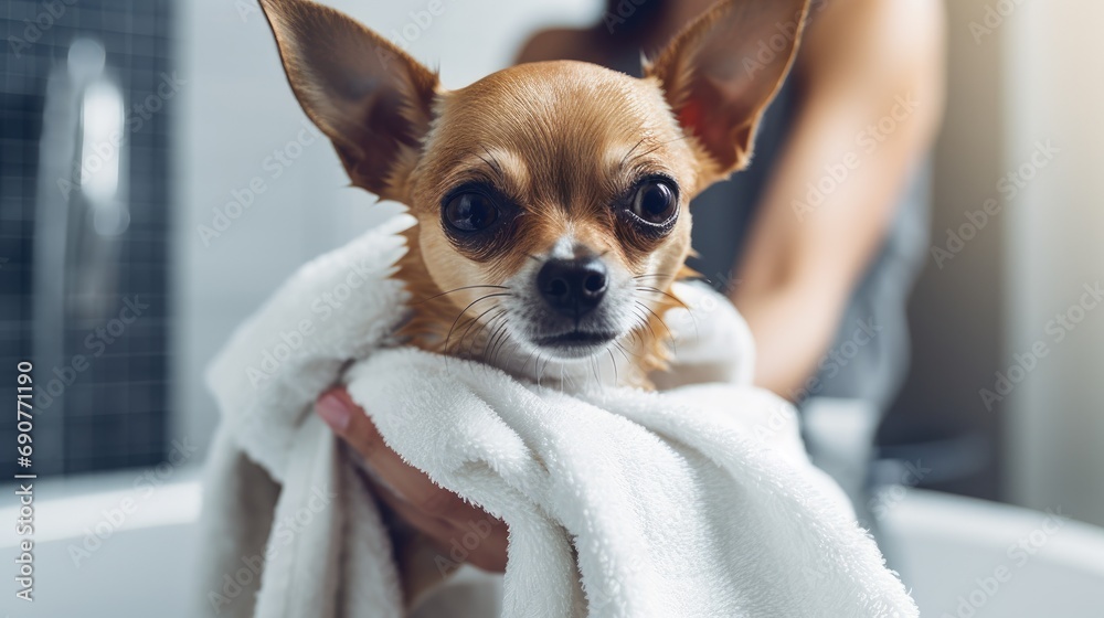Photo of a Chihuahua dog after bathing in a towel in the bathroom Photo of a Chihuahua dog after bathing in a towel in the bathroom