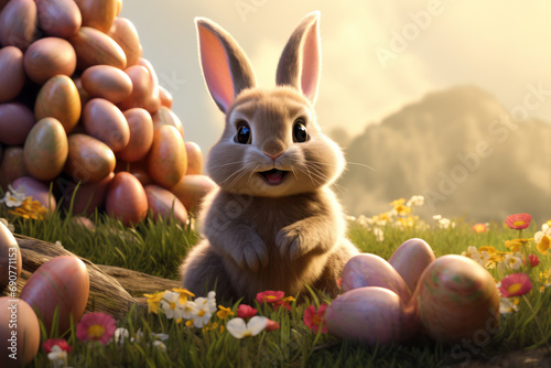 Fête de Pâques, un mignon petit lapin et des œufs colorés photo