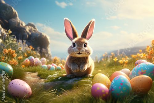 Fête de Pâques, un mignon petit lapin et des œufs colorés photo
