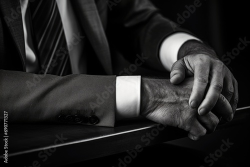 A close-up view of a person's hands resting on a table. This image can be used to convey concepts of work, productivity, creativity, or communication