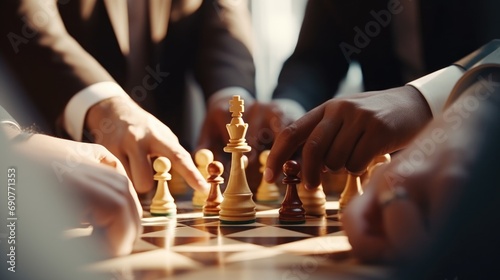 A group of people engaged in a game of chess. Suitable for illustrating teamwork, strategy, and intellectual pursuits
