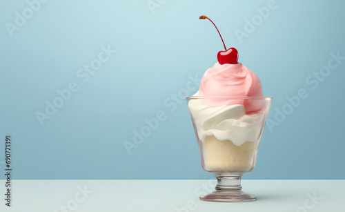 A serving of cherry ice cream topped with fresh berry in a glass sundae bowl against a soft blue background photo