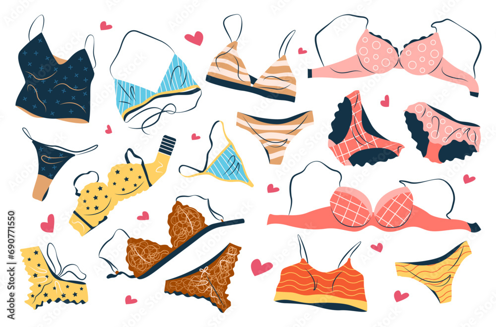 Bundle of female lingerie sets isolated on white background. Collection of elegant undergarments, sexy underwear, bras, bikini and panties for women. Hand drawn colorful flat vector illustrations. - obrazy, fototapety, plakaty 