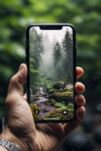 A person capturing the beauty of nature in a forest. Perfect for photography enthusiasts or anyone looking to capture the essence of the outdoors
