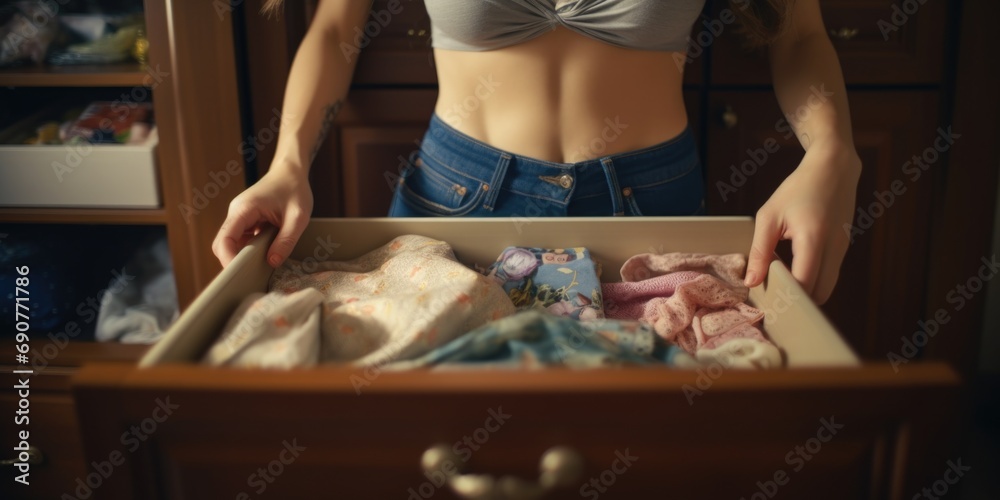 A woman standing in front of a drawer filled with clothes. This image can be used to represent organization, wardrobe choices, or getting dressed - obrazy, fototapety, plakaty 