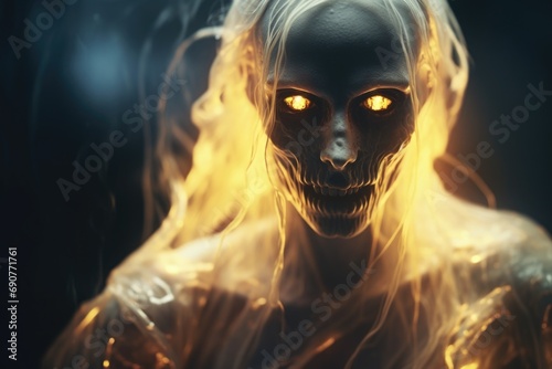 A detailed shot of a person with eyes that emit a mysterious glow. This captivating image can add an element of intrigue to any project or design