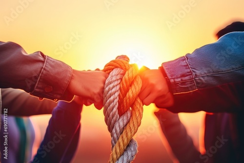 A group of people holding hands with a rope. This image can be used to represent teamwork, unity, cooperation, or trust photo