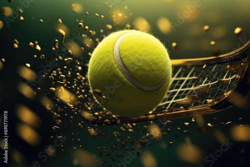 A tennis ball hitting a tennis racket. Suitable for sports and fitness-related designs