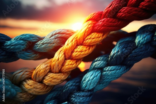 A close up view of a rope with a beautiful sunset in the background. This image can be used to represent adventure, freedom, or the concept of letting go