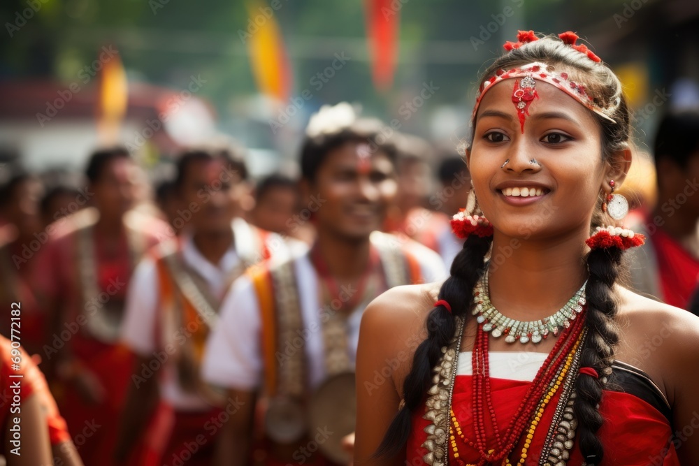 young woman in traditional Assamese attire with a blurred background of festival attendees 