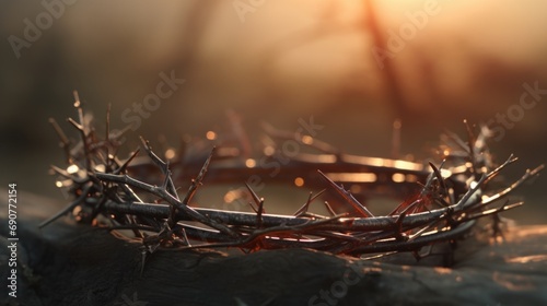 A crown of thorns rests on top of a rugged rock, symbolizing suffering and sacrifice. Suitable for religious and spiritual themes
