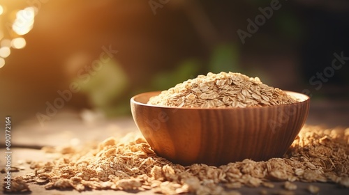 A wooden bowl filled with oatmeal sits on top of a table. Suitable for food and breakfast related concepts photo