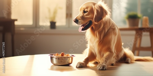 A dog sitting on a table next to a bowl of food. Suitable for pet-related content and dog nutrition topics