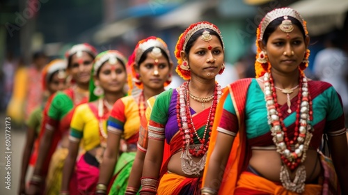 A line of women in colorful Assamese dance costumes parading through a street at Dwijing Festival