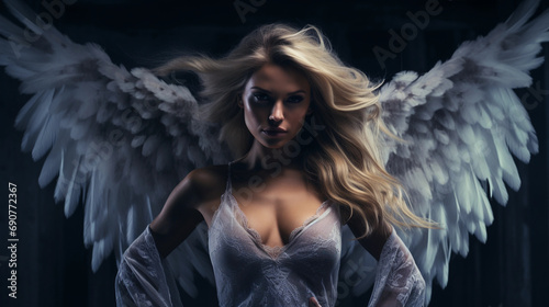 Beautiful woman angel on a dark background 