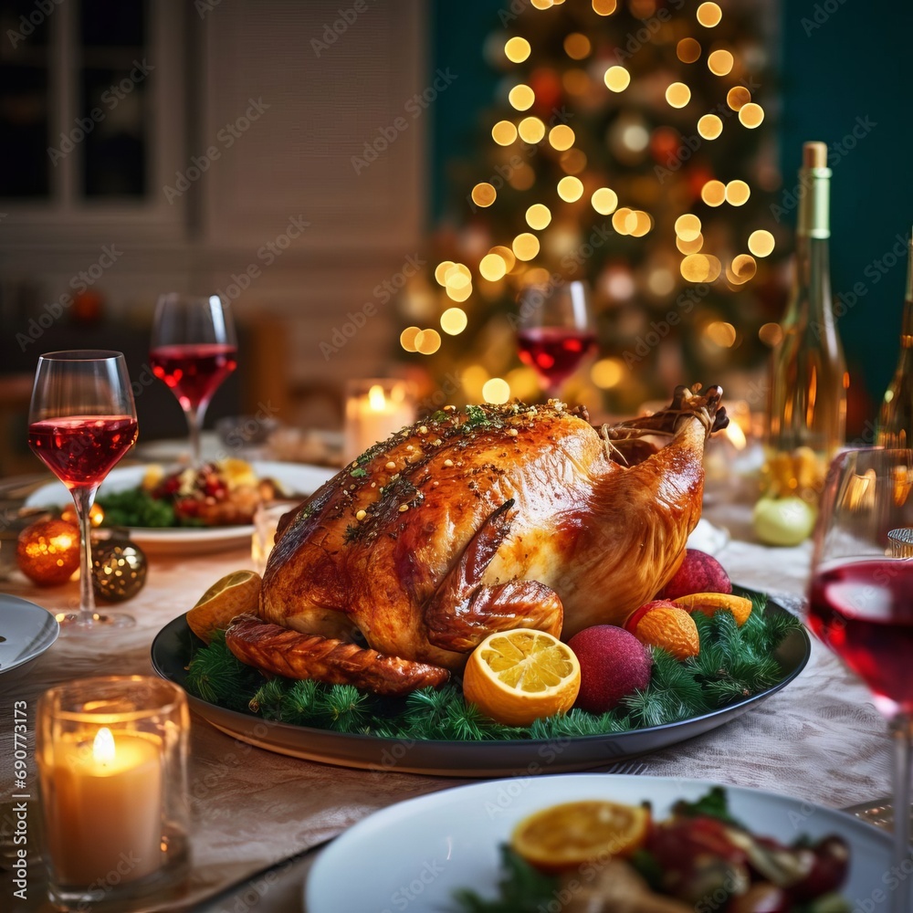 A turkey on a platter with a christmas tree in the background A turkey on a platter with a christmas tree in the background