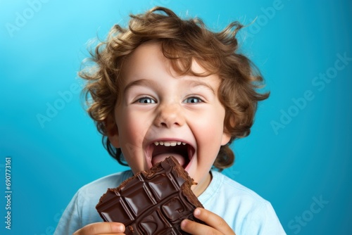A happy child eat a chocolate bar on blue background
